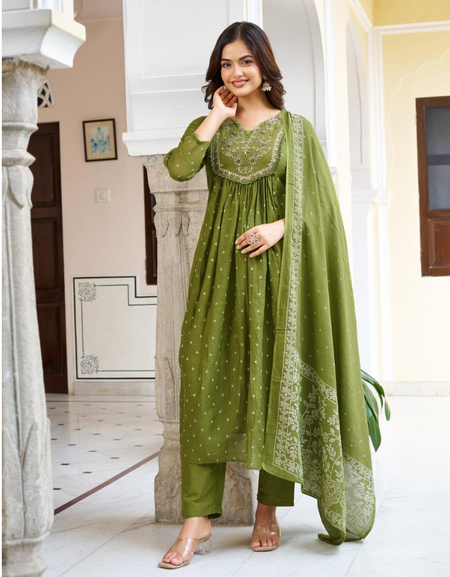 Festive Cotton Embroidery Women’s Kurta Pant Dupatta Set mahezon