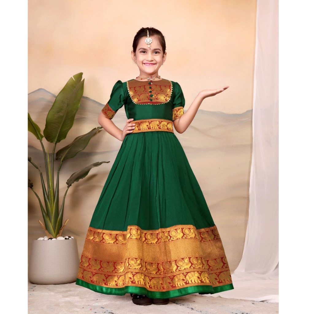 Kids Girls South Indian Traditional Pattu Pavadai Cotton Silk Gown