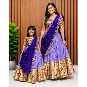 Premium Traditional Mother Daughter Matching Paithani Silk Lehenga Choli Set - Lavender & Royal Blue Combo