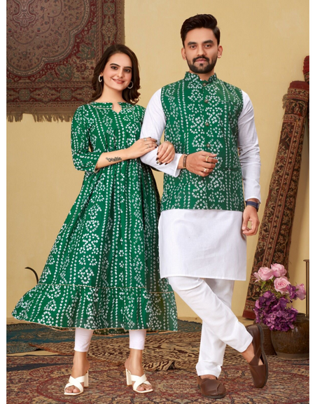 Couple Wear Same Matching Bandhni Print Men Jacket Kurta Pajama and Women Kurti mahezon