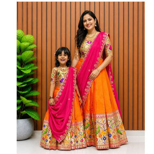 Premium Traditional Mother Daughter Matching Paithani Silk Lehenga Choli Set - Orange & Pink Combo