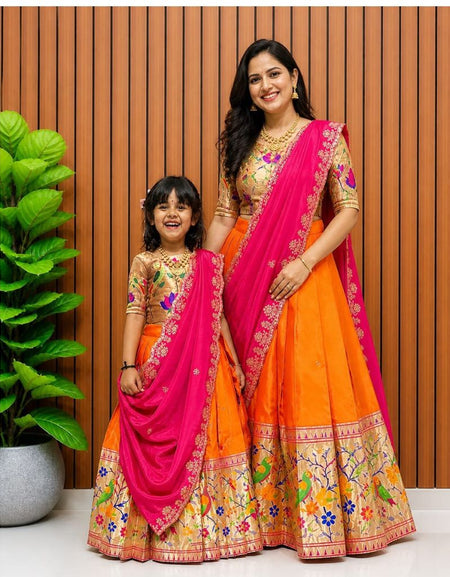 Premium Traditional Mother Daughter Matching Paithani Silk Lehenga Choli Set - Orange & Pink Combo