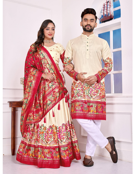 Festive Traditional Couple Wear Same Matching White Men Kurta Pajama Women Lehenga Choli Dupatta Outfit Set mahezon