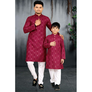 Father and Son Matching Festive Kurta Set Combo – Men & Boys Wine/Maroon Foil Striped Kurta with White Pyjama