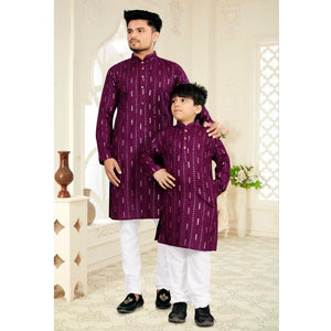 Father and Son Matching Festive Kurta Set Combo – Men & Boys Deep Purple Foil Striped Kurta with White Pyjama