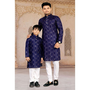 Father and Son Matching Festive Kurta Set Combo – Men & Boys Navy Blue Foil Striped Kurta with White Pyjama