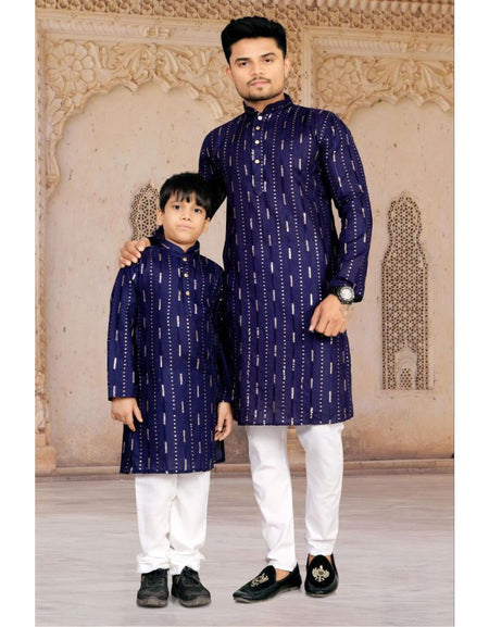 Father and Son Matching Festive Kurta Set Combo – Men & Boys Navy Blue Foil Striped Kurta with White Pyjama