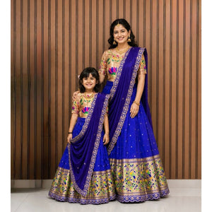 Premium Traditional Mother Daughter Matching Paithani Silk Lehenga Choli Set - Royal Blue Combo