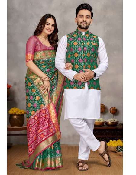 Couple wear Traditional Indian Dark Green Men Kurta Pajama Koti and Women Saree mahezon