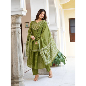 Festive Anarkali Cotton Women’s Kurta Pant Set with Dupatta mahezon