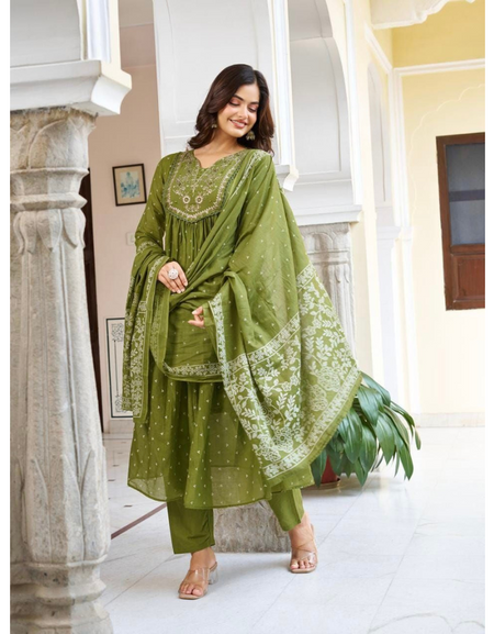 Festive Anarkali Cotton Women’s Kurta Pant Set with Dupatta mahezon