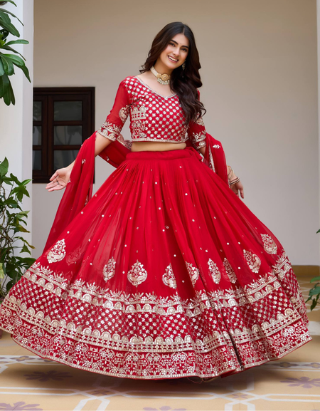 Ethnic Wedding Red Lehenga Choli Dupatta Set mahezon