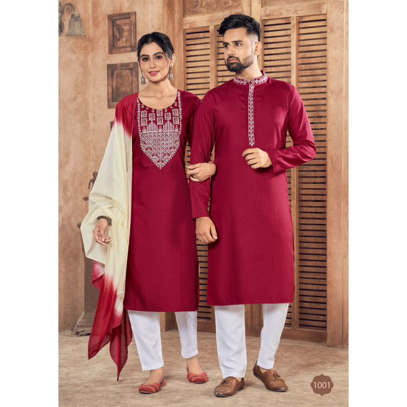 Beautiful Couple wear Red Men Kurta Pajama and Women Kurti Pant