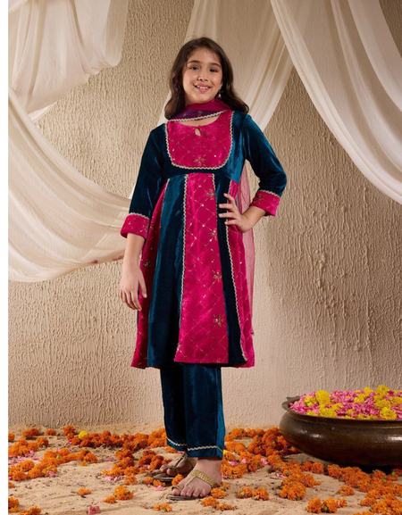 Velvet Designer Kids Girls Kurta Pant Dupatta Set