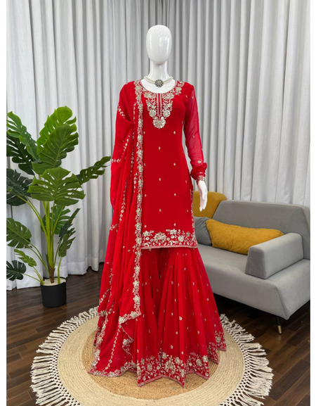 Wedding Designer Red Women Top Sharara with Dupatta Royal Export