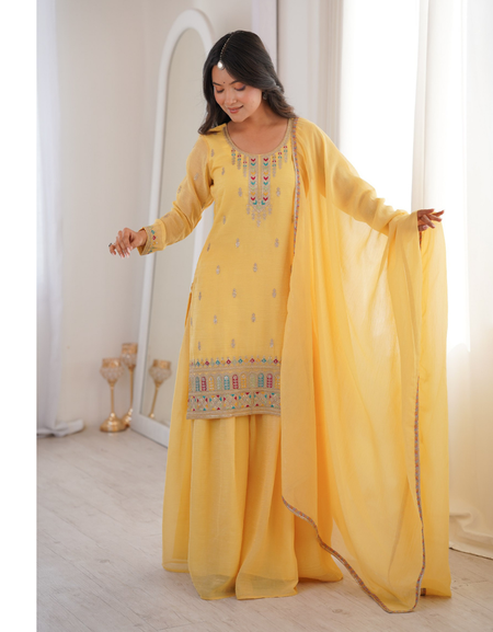 Wedding Embroidered Ethnic Kurti Sharara Dupatta Dress