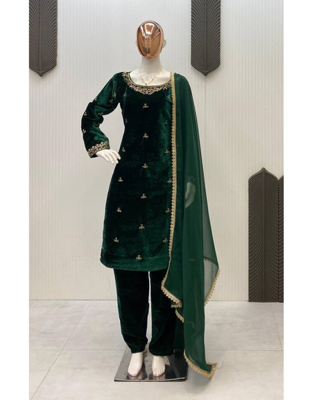 Wedding Wear Green Velvet Women Top Pant Dupatta Suit Royal Export