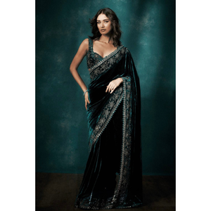 Winter Designer Green Velvet Women Saree mahezon