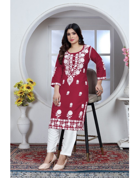 Women's Embroidery Maroon Lucknow Chikankari Kurta Pant Set mahezon