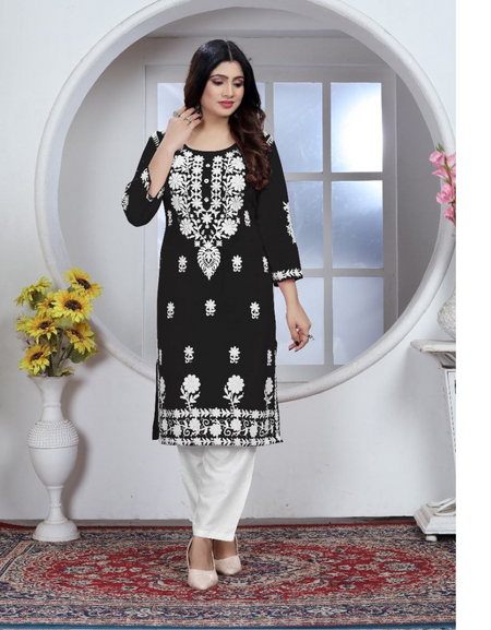 Women's Embroidery Black Lucknow Chikankari Kurta Pant Set