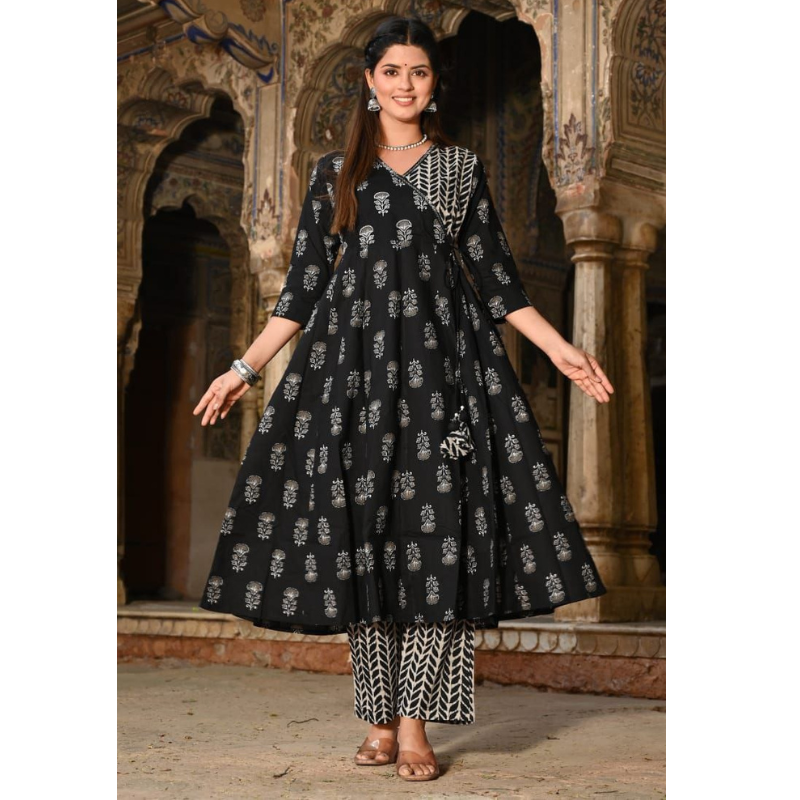 Black Cotton Anarkali Suit Set