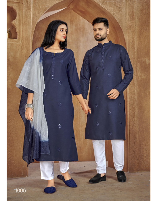 Load image into Gallery viewer, Beautiful Traditional Couple wear Same Matching Navy Blue Cotton Men Kurta Pajama and Women Kurta Pant Dupatta mahezon
