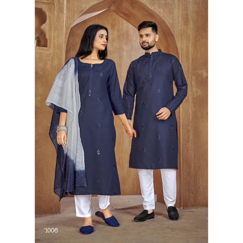 Beautiful Traditional Couple wear Same Matching Navy Blue Cotton Men Kurta Pajama and Women Kurta Pant Dupatta mahezon