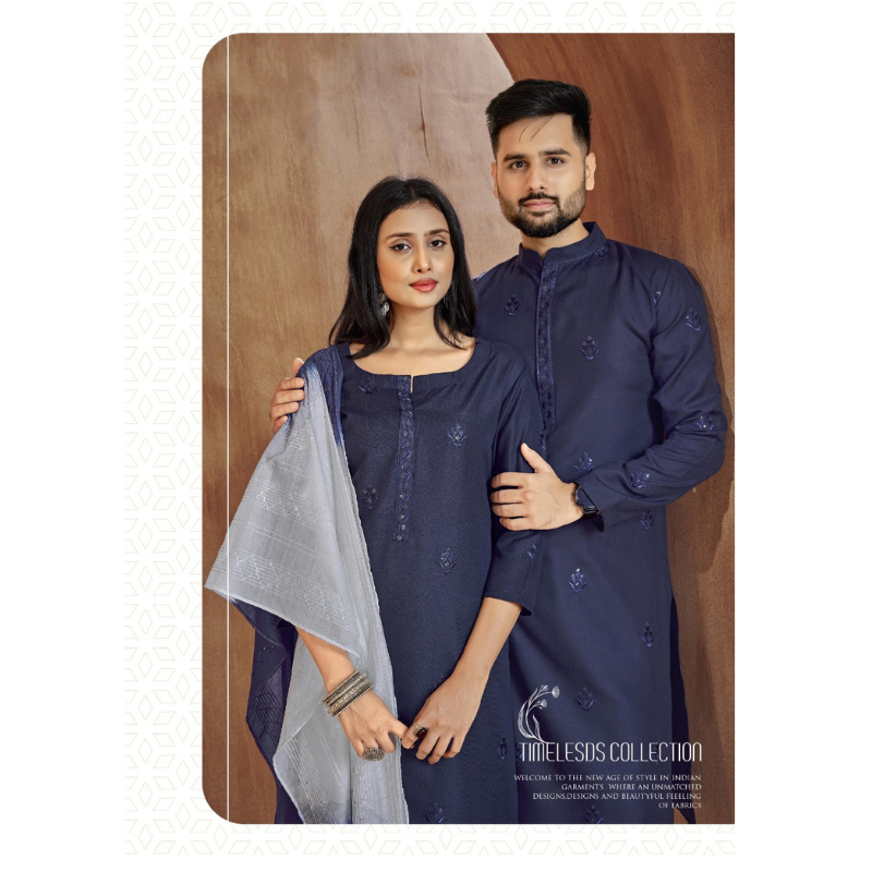 Beautiful Traditional Couple wear Same Matching Navy Blue Cotton Men Kurta Pajama and Women Kurta Pant Dupatta mahezon