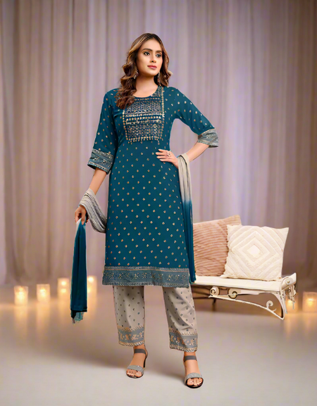 Exclusive Blue Naira cut Kurti Pant Dupatta Suit mahezon