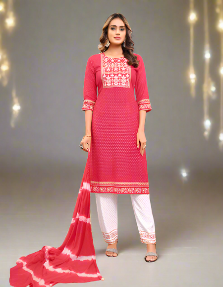 Exclusive Dark Pink Naira cut Kurti Pant Dupatta Suit mahezon