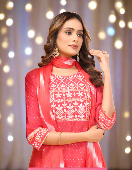 Exclusive Dark Pink Naira cut Kurti Pant Dupatta Suit mahezon