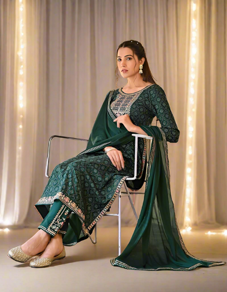 Green Bandhej Naira Cut Kurti Pant Dupatta set mahezon