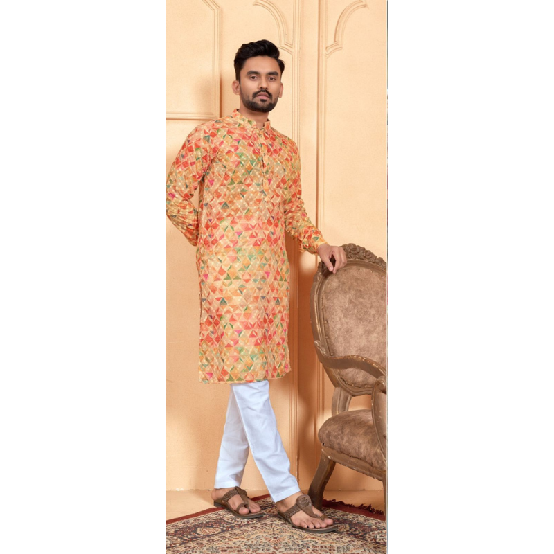 Buy Men's Premium Digital Printed Sequence Work Regular Fit Cotton Kurta  with Pyjama Set (S, Blue) at