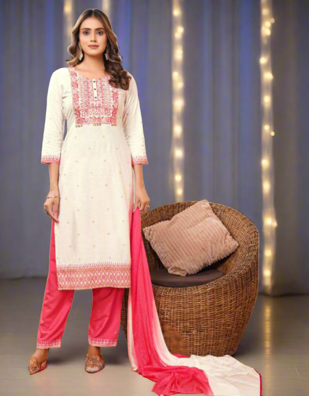 Women's White Naira Cut Kurta Pant Dupatta Set Party Wear