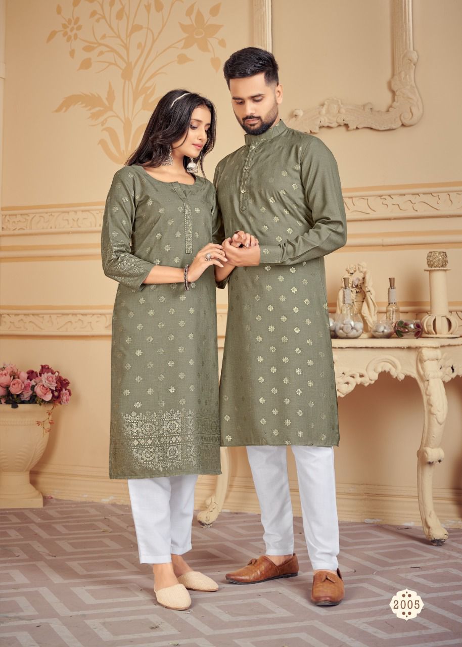 Beautiful Traditional Cotton Couple Wear Men's Kurta Pyjama and Women Kurti Pant set.  mahezon