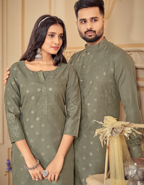 Load image into Gallery viewer, Beautiful Traditional Cotton Couple Wear Men&#39;s Kurta Pyjama and Women Kurti Pant set.  mahezon
