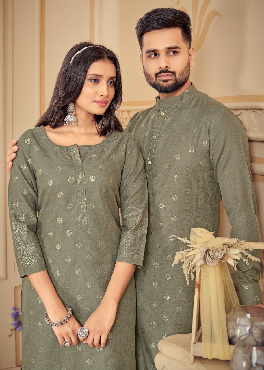 Beautiful Traditional Cotton Couple Wear Men's Kurta Pyjama and Women Kurti Pant set.  mahezon