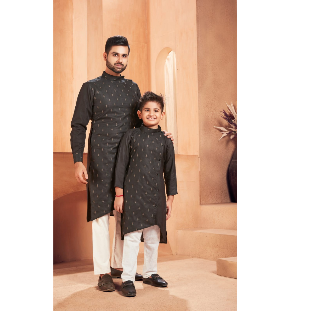 Beautiful Traditional Pure Cotton Father and Son Black Same