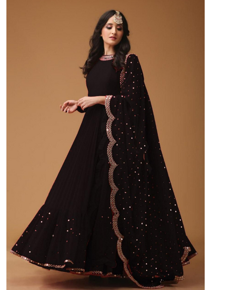 Women Embroidery Black Long Gown Pant Duppatta set mahezon