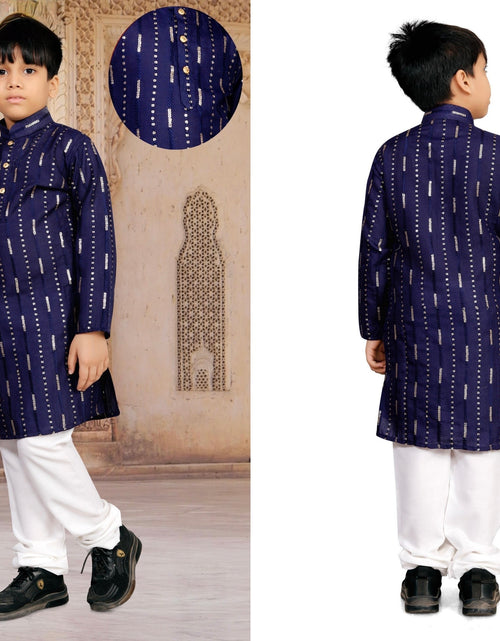 Load image into Gallery viewer, Father and Son Matching Festive Kurta Set Combo – Men &amp; Boys Navy Blue Foil Striped Kurta with White Pyjama mahezon
