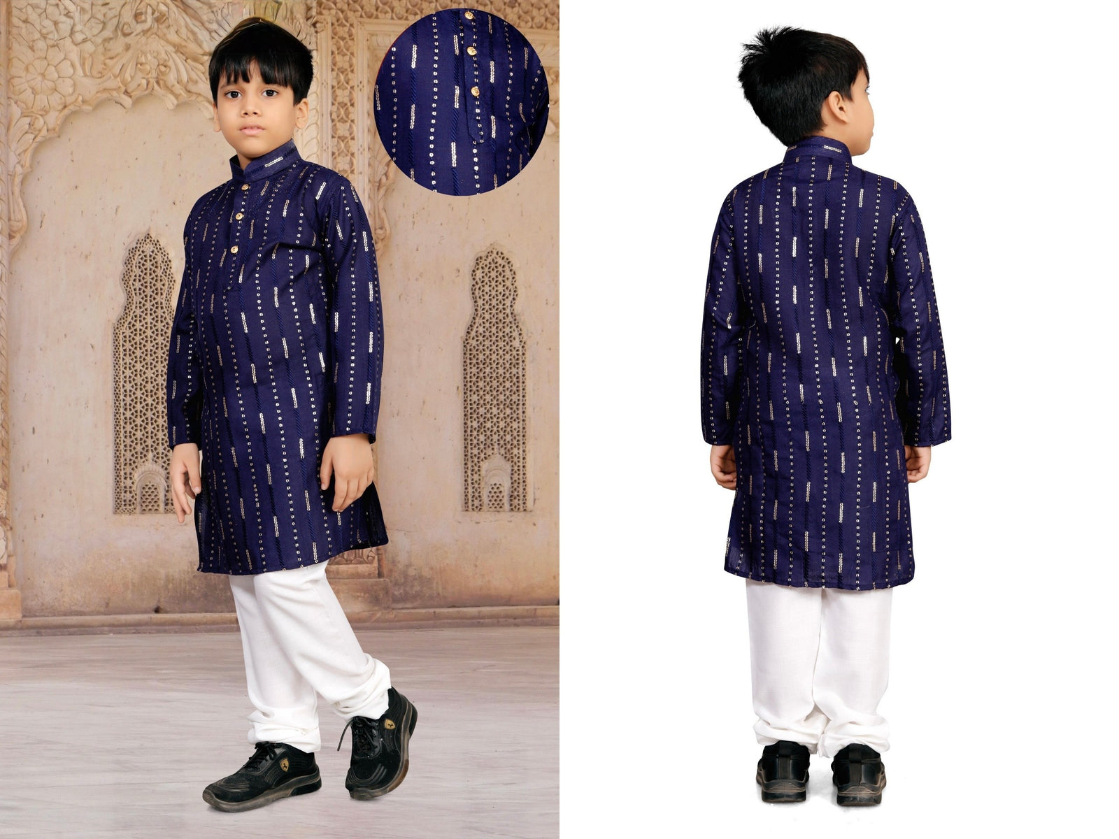 Father and Son Matching Festive Kurta Set Combo – Men & Boys Navy Blue Foil Striped Kurta with White Pyjama mahezon