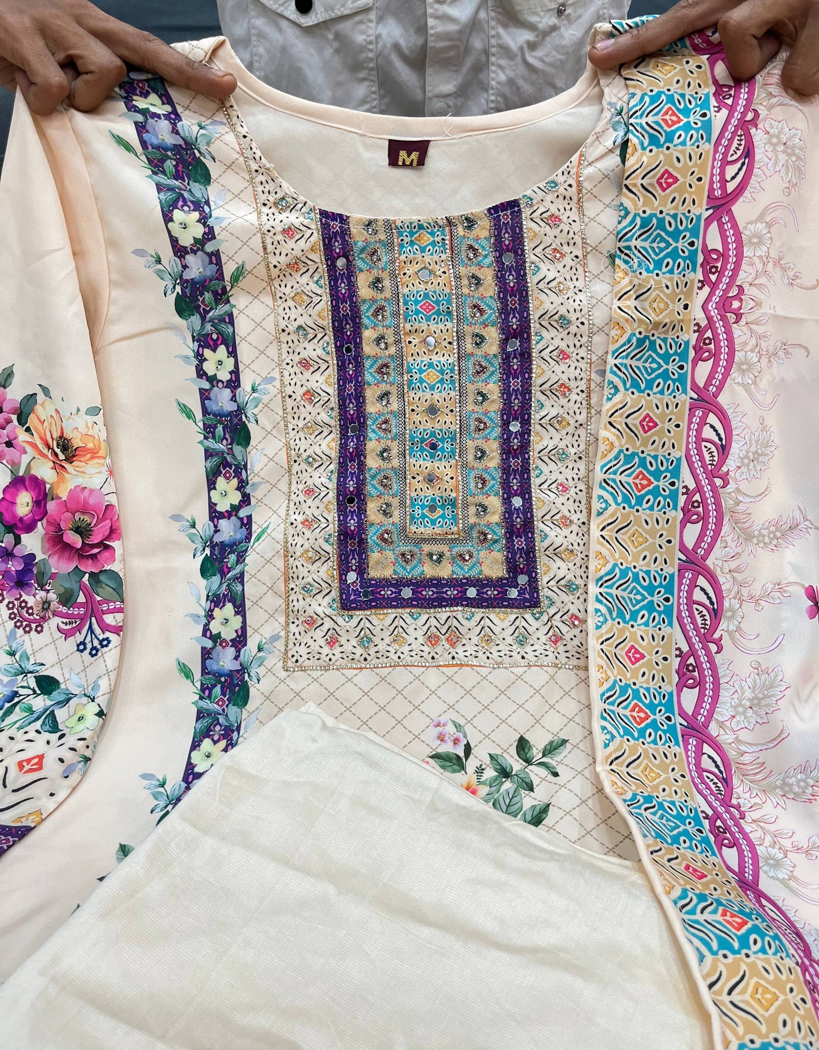 Festive White Embroidery work Women Kurti Pant Dupatta Suit mahezon