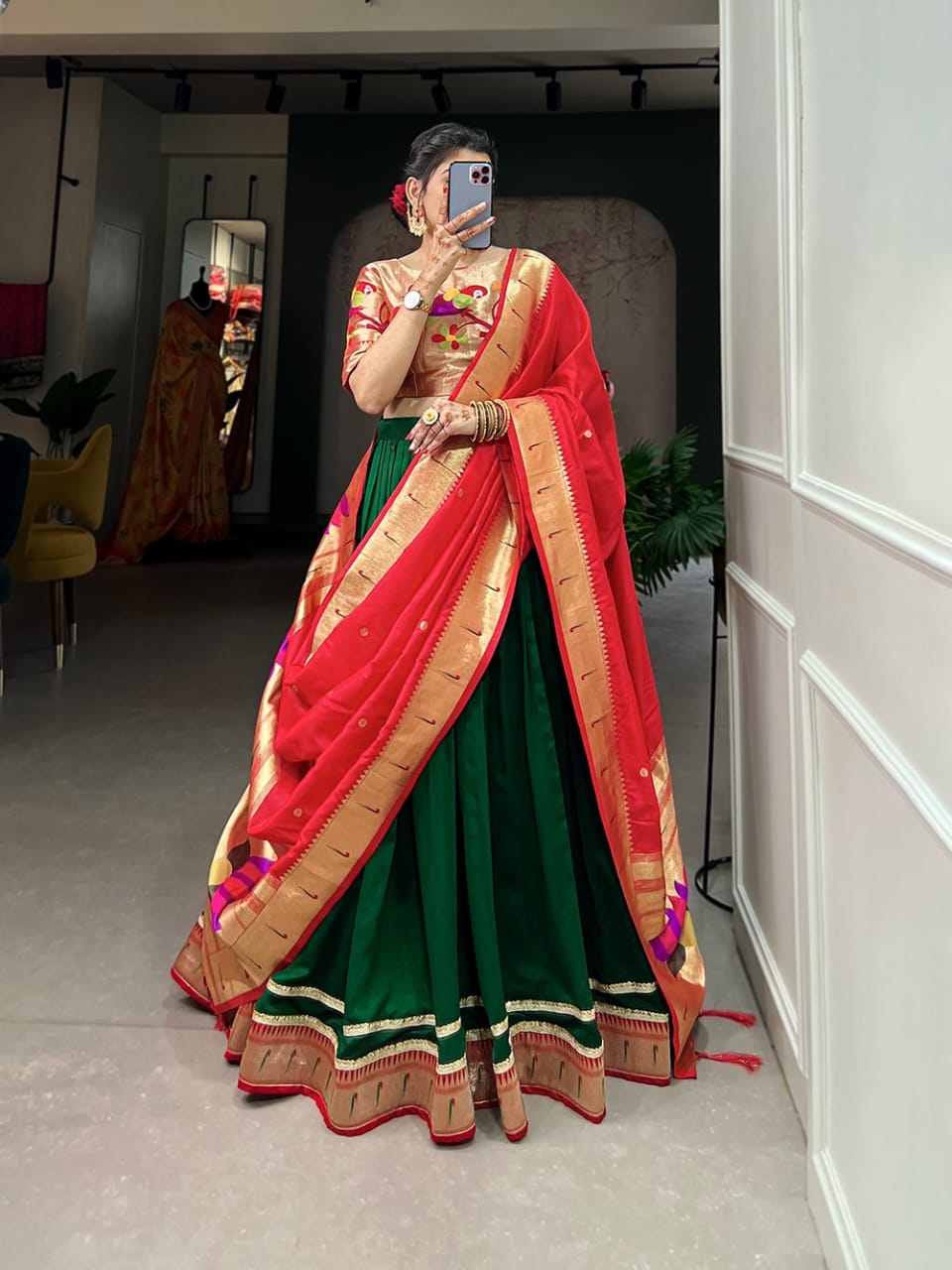 Solid Color Satin Paithani Suit in Light Beige : MTX2895