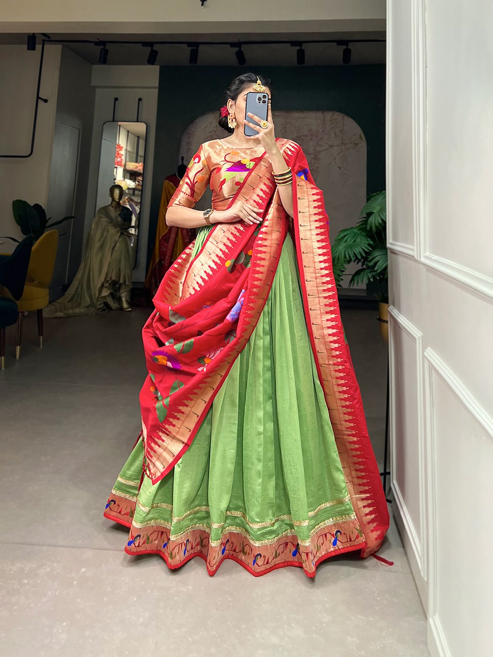 Women's Green Paithani Lehenga Choli Dupatta Suit mahezon