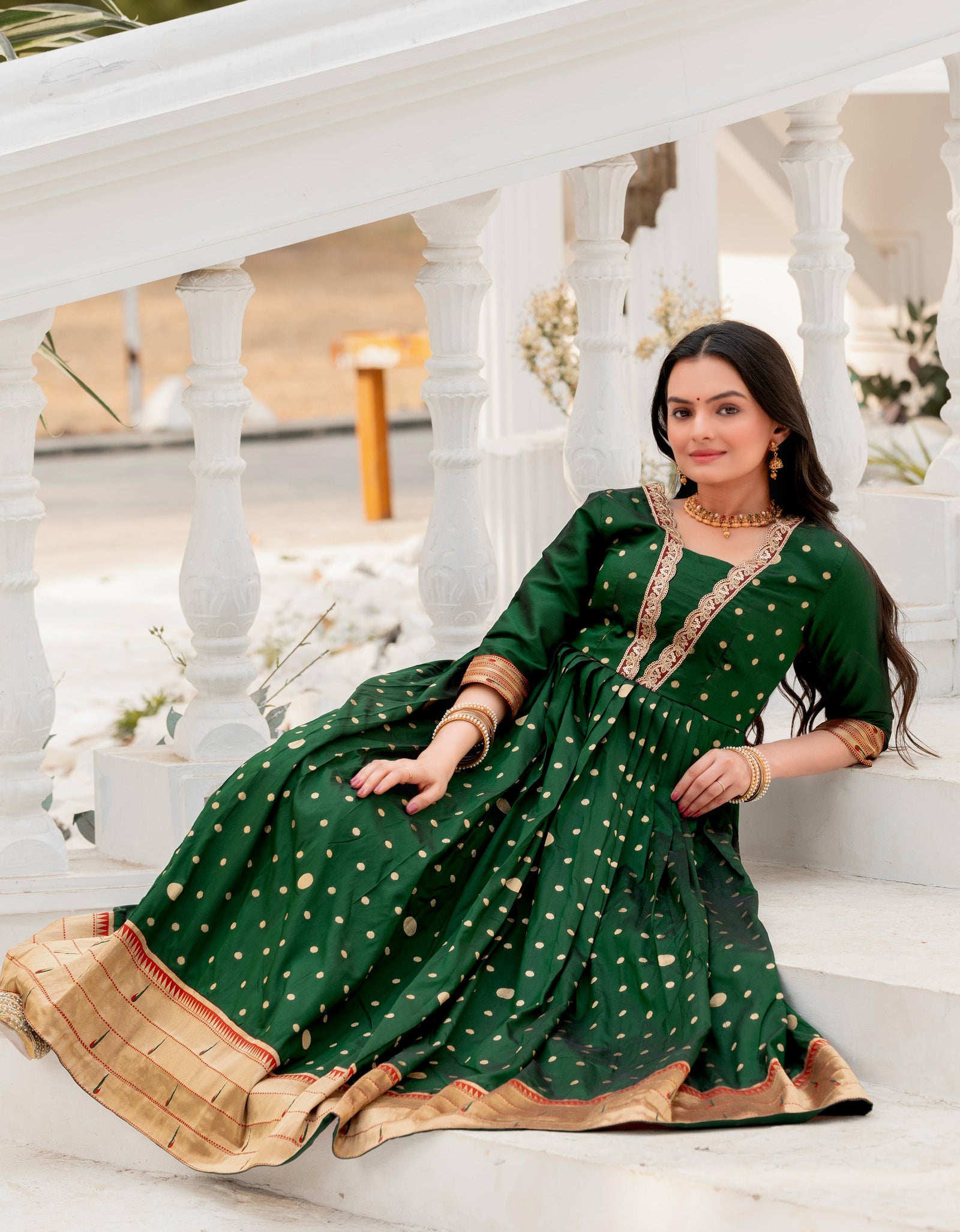 Festival Green Polka Paithani Women Gown Dress mahezon Festival Green Polka Paithani Women Gown Dress mahezon