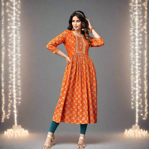 Beautiful Orange Party wear Naira cut Kurti mahezon
