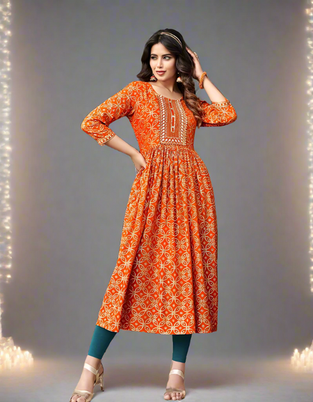 Beautiful Orange Party wear Naira cut Kurti mahezon