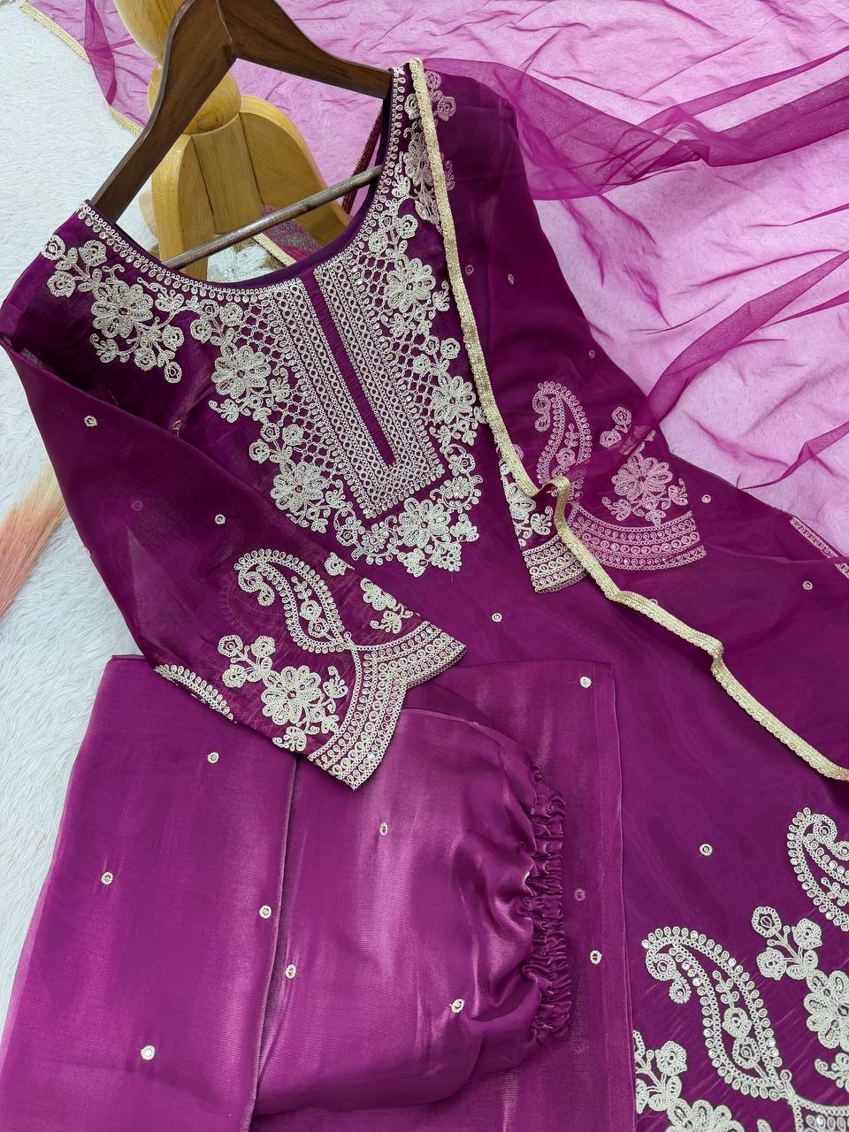 Wedding Embroidery Sequence Women Top Palazzo Dupatta Suit Dress mahezon