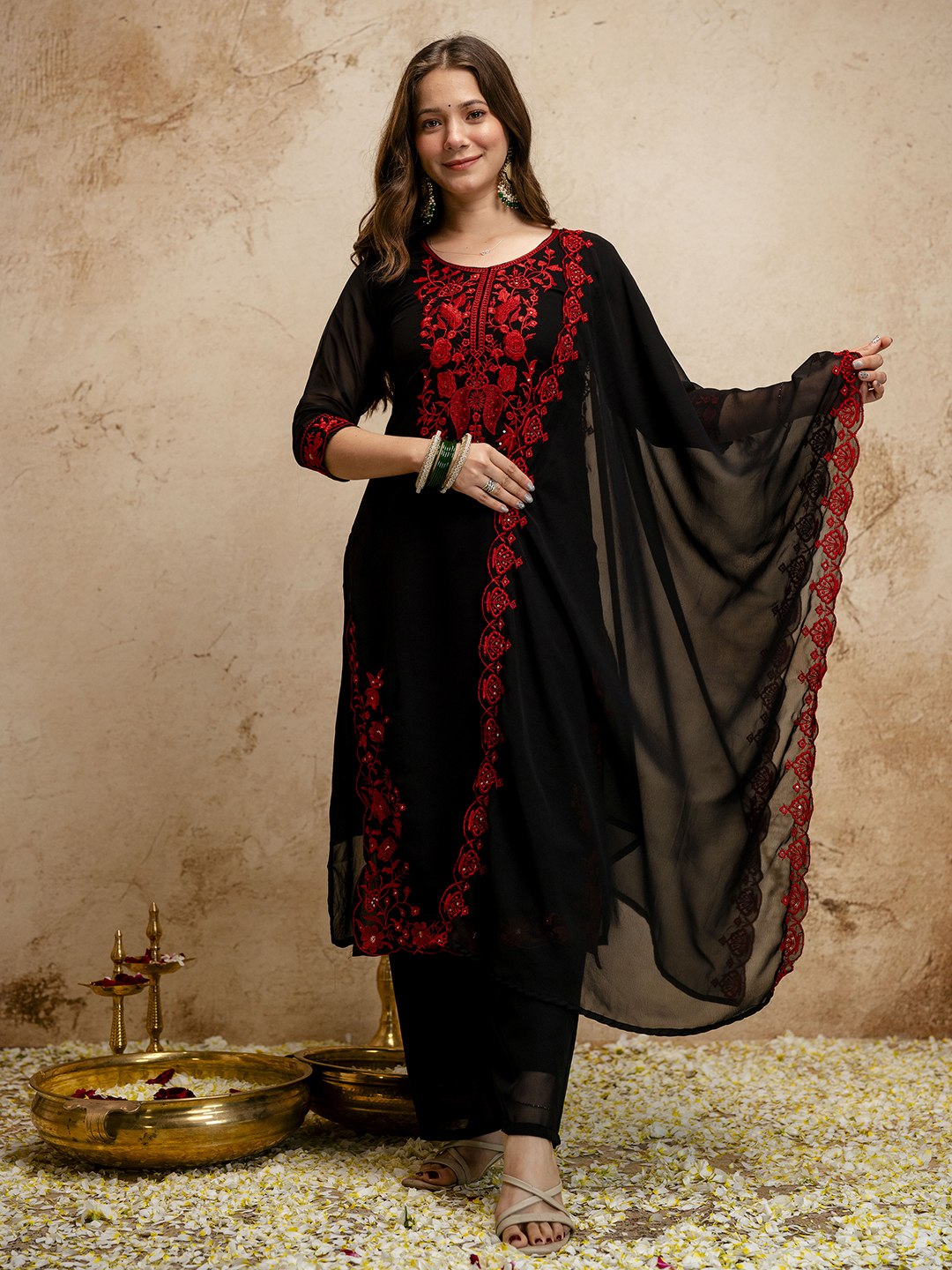 Black Embroidery Women Kurti Pant with Dupatta Set