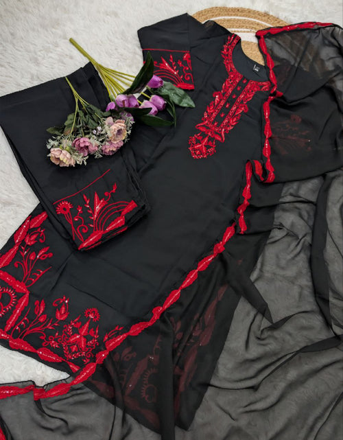 Load image into Gallery viewer, Black Embroidery Women Kurti Pant with Dupatta Set mahezon
